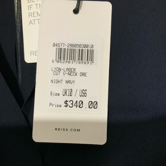 REISS Lyon Knee Length Laser Cut Open Back Navy Blue Sheath Dress Sz 6 Office - Picture 14 of 14